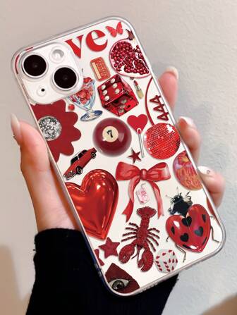 情人节 1 件红色图案透明防指纹 TPU 保护手机壳适用于 13、 11、 14 Pro Max、 13 Pro、 15/15 Plus/15 Pro/15 Pro Max/12/12 Pro/12 Pro Max/14/14 Pro/13 Pro Max 防水防震防摔防刮