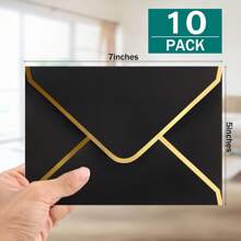 10个/包 黑色信封，金色箔边，A7自封信封，V型封口，适用于毕业典礼、邀请函、婴儿派对、婚礼、返校回复卡等，5x7英寸 - 黑色 - 查看 3