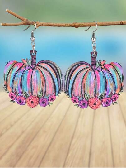 1 Pair Colorful Flower Pumpkin Earrings For Women Lightweight Wooden Earrings Female Everyday Holiday Party Earrings Accessories Gifts For Family And Friends