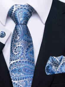AlanKing 1 Set Blue Paisley Necktie, Pocket Square, And Cufflinks Suit For Men Business Office Party Wedding Gift Men Necktie