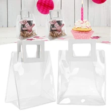 5 Stücke durchsichtige Geschenkbeutel mit weißem Griff, wiederverwendbare PVC-Geschenkverpackungsbeutel, kleine Tote Einkaufstasche, geeignet für Partygeschenke, Baby Shower, Hochzeit, Geburtstag