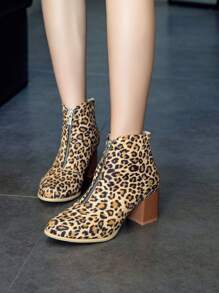 欧美风女短靴2024秋冬新款尖头细跟高跟鞋时尚豹纹短靴