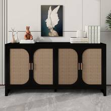 Rattan Storage Sideboard Buffet Cabinet With 4 Doors And Adjustable Shelves, Wood Accent Cabinet Sideboard, 59.1''Accent Cabinet With Storage, For Living Room, Dining Room, Entryway, Kitchen - 黑色 - 查看 2