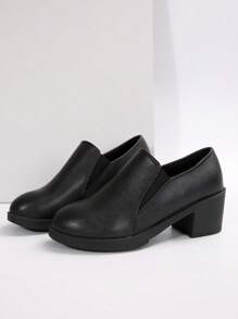 女士纯色粗跟短靴，休闲黑色防滑短靴，舒适女士短靴