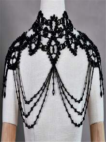 1 Dây chuyền toàn thân nữ đính cườm pha lê đen thủ công, hoàn hảo cho đám cưới, tiệc tùng, trình diễn thời trang và quà tặng, thiết kế sóng hợp thời trang - màu đen - Xem 4