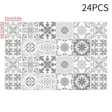 24pcs Removable Waterproof PVC Artistic Flower Tile Wall Stickers, Self-Adhesive Classic Light Gray Kitchen Anti-Oil Tile Decals, 10*10cm/15*15cm - Multicolor - View 11