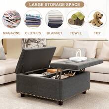 PU Leather Oversized Storage Ottoman,Large Square Ottoman Bench With Storage,Tufted Sofa Ottomans Storage Footstool,Mid Century Modern Coffee Table For Living Room Nailhead Trim - 深灰色+亞麻 - 查看 7