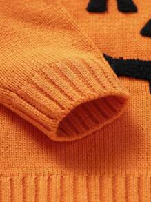 女婴 1 件，新奇毛巾刺绣圆领长袖休闲简约万圣节毛衣节日装，适合万圣节派对 - 橘色 - 查看 4