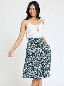 Boho Retro Knee Length Skirt Ditsy Floral - Blue and White - View 3