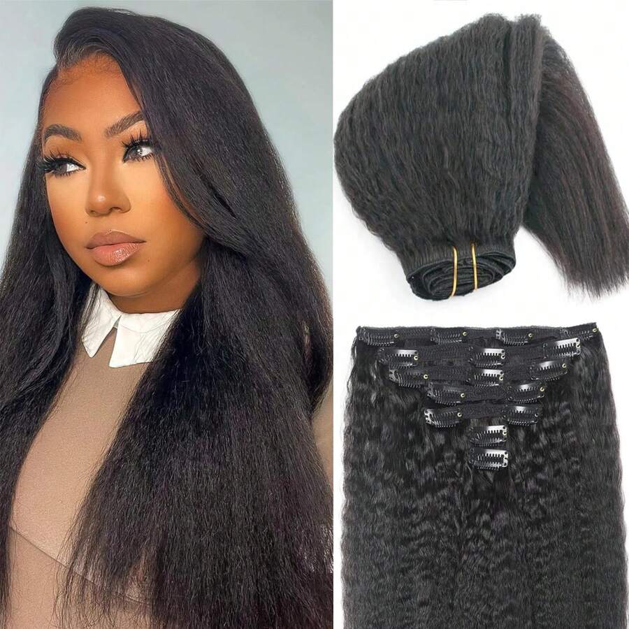 14/18/22 Inch Kinky Straight Clip In Synthetic Hair Extensions Yaki Straight Clip Ins Seamless Remy Hair Clip In Extensions For  Women(Black) - Black - View 1