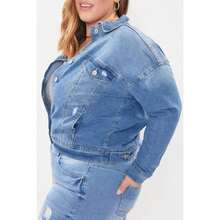 Women's Plus Size Drop Shoulder Boyfriend Denim Jacket - M Medium Blue Rips - View 2