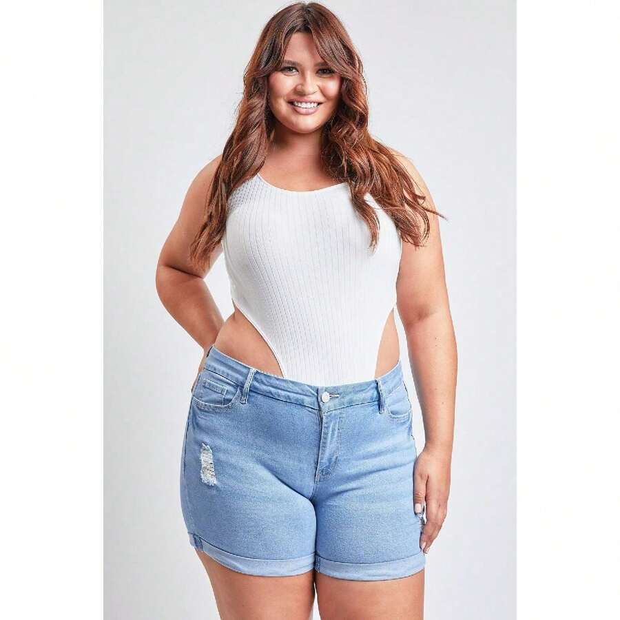 Plus Size Women's Curvy Fit Ultra Cuffed Shorts - L Light Blue Rips - View 1