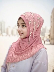 1pc Malaysian Tasseled Solid Color Beaded Floral Shawl Scarf Head Wrap, Elastic Turban Style, Muslim Headwear