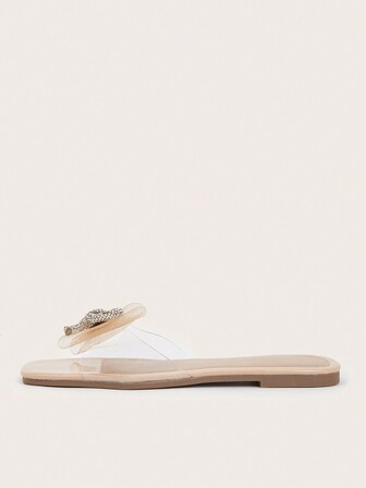 Nya avslappnade sandaler för damer – elegant rosettdesign i strass, söt stil, platta semestertofflor