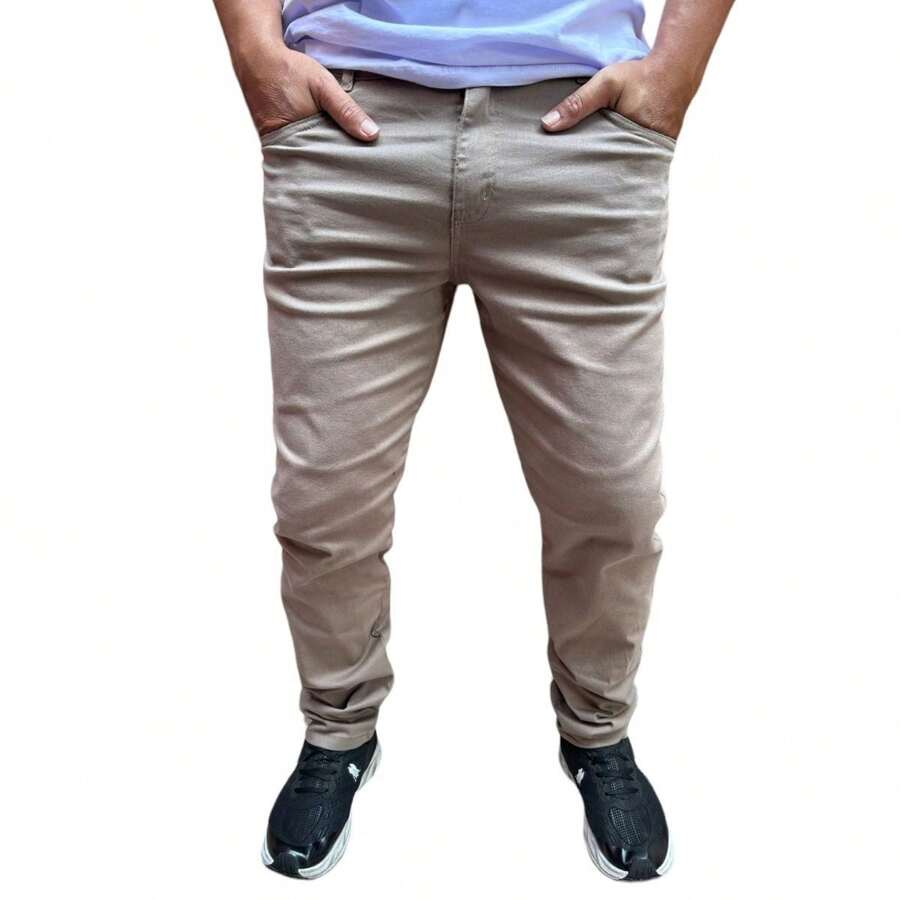MEN'S TWILL TROUSERS IN DIFFERENT COLORS BASIC SLIM PLAIN TROUSERS WITH SUPER COMFORTABLE ELASTANE - 卡其色 - 查看 1