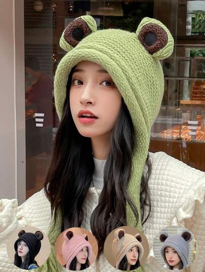 1pc New Stylish Multipurpose Casual High-Quality Cute Frog Knitted Ear Protection Beanie Hat For Outdoor Use, Windproof & Warm Winter Fall