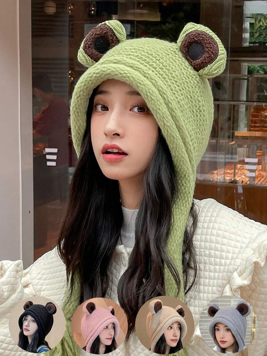 1pc New Stylish Multipurpose Casual High-Quality Cute Frog Knitted Ear Protection Beanie Hat For Outdoor Use, Windproof & Warm Winter Fall - Wool Cap - View 1