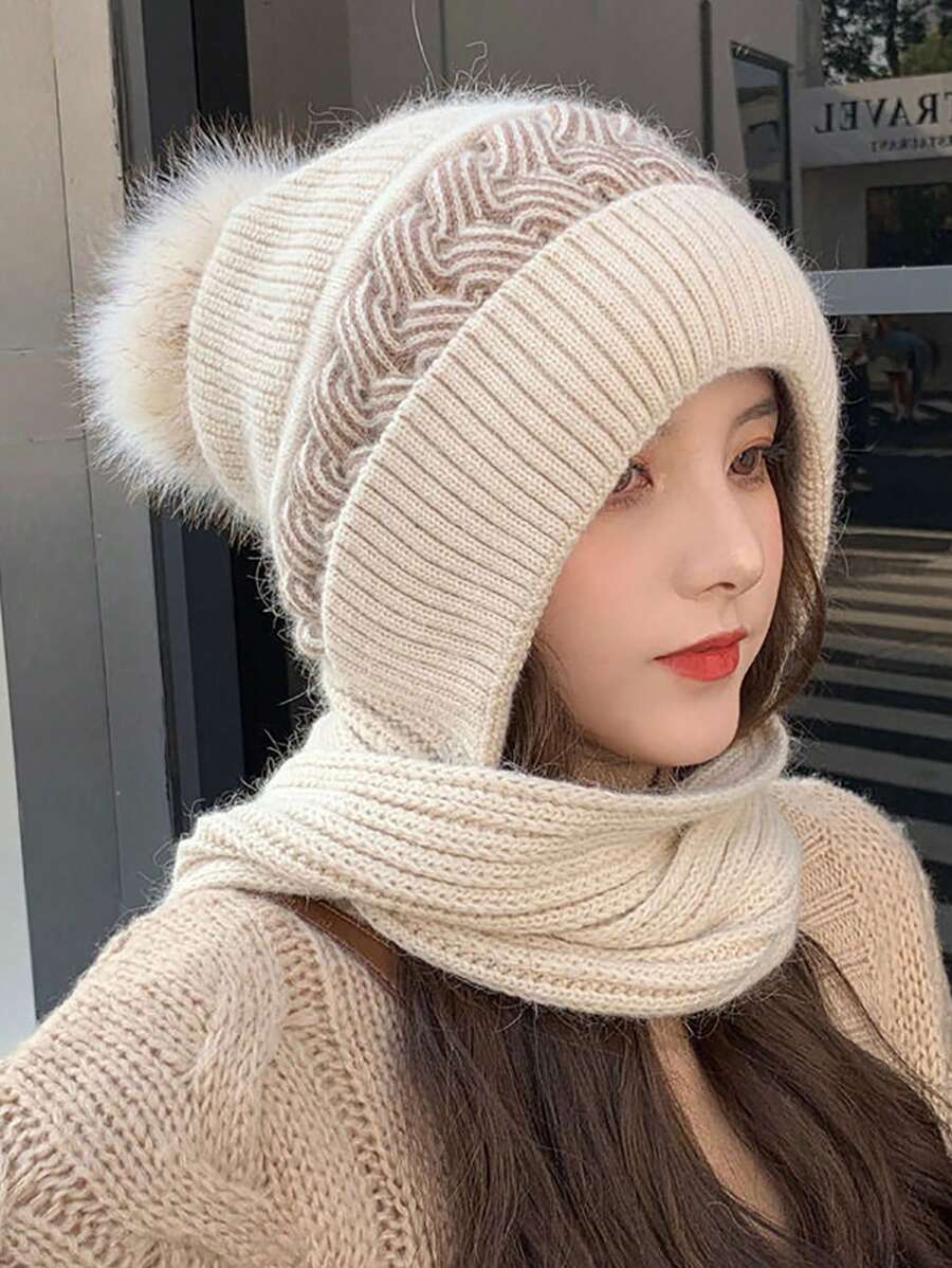 新款冬季针织拉法帽，女士保暖内衬连帽围巾一体式帽子，防风防雪滑雪面罩，时尚耳罩帽