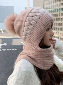 新款冬季针织拉法帽，女士保暖内衬连帽围巾一体式帽子，防风防雪滑雪面罩，时尚耳罩帽