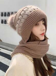新款冬季针织拉法帽，女士保暖内衬连帽围巾一体式帽子，防风防雪滑雪面罩，时尚耳罩帽