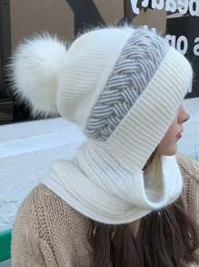 新款冬季针织拉法帽，女士保暖内衬连帽围巾一体式帽子，防风防雪滑雪面罩，时尚耳罩帽