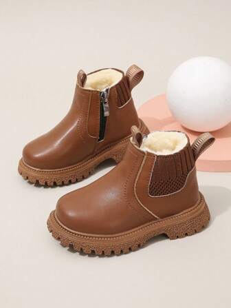 Kids Thermal Lined Mid-Calf Boots, Toddler Mid-Top Leather Waterproof Anti-Slip Thick Winter Warm Ankle Boots, Side Zipper Round Toe Low-Top Anti-Skid Chelsea Boots