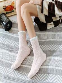 4 đôi tất dày ấm áp bằng lông cừu san hô màu ngẫu nhiên dành cho nữ, mùa thu đông - Nhiều màu - Xem 4