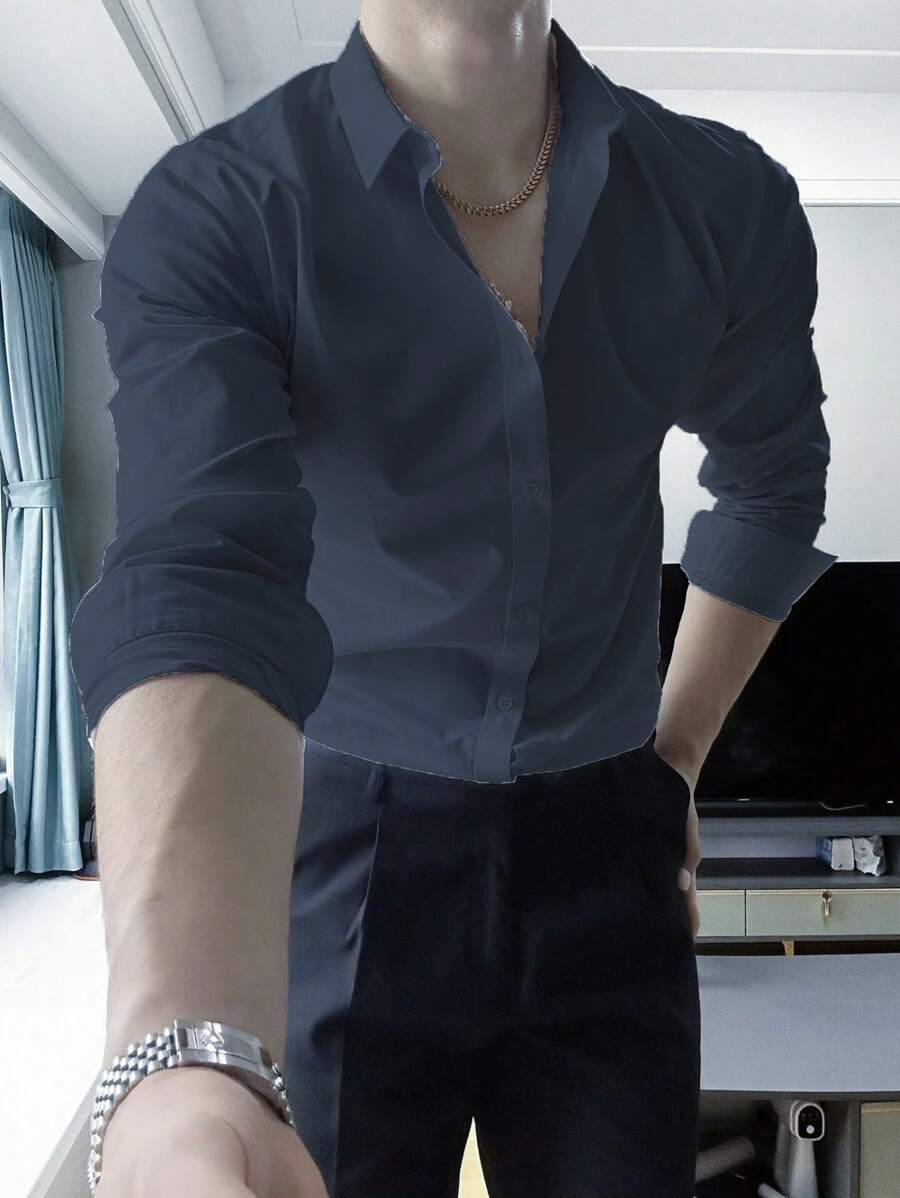 Men's Plain Long Sleeve Dress Shirt With Button Comfortable Imported Dress Blouse - Dark Grey - View 1