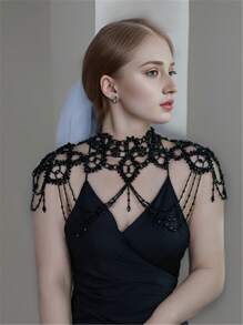 1 Dây chuyền toàn thân nữ đính cườm pha lê đen thủ công, hoàn hảo cho đám cưới, tiệc tùng, trình diễn thời trang và quà tặng, thiết kế sóng hợp thời trang - màu đen - Xem 2