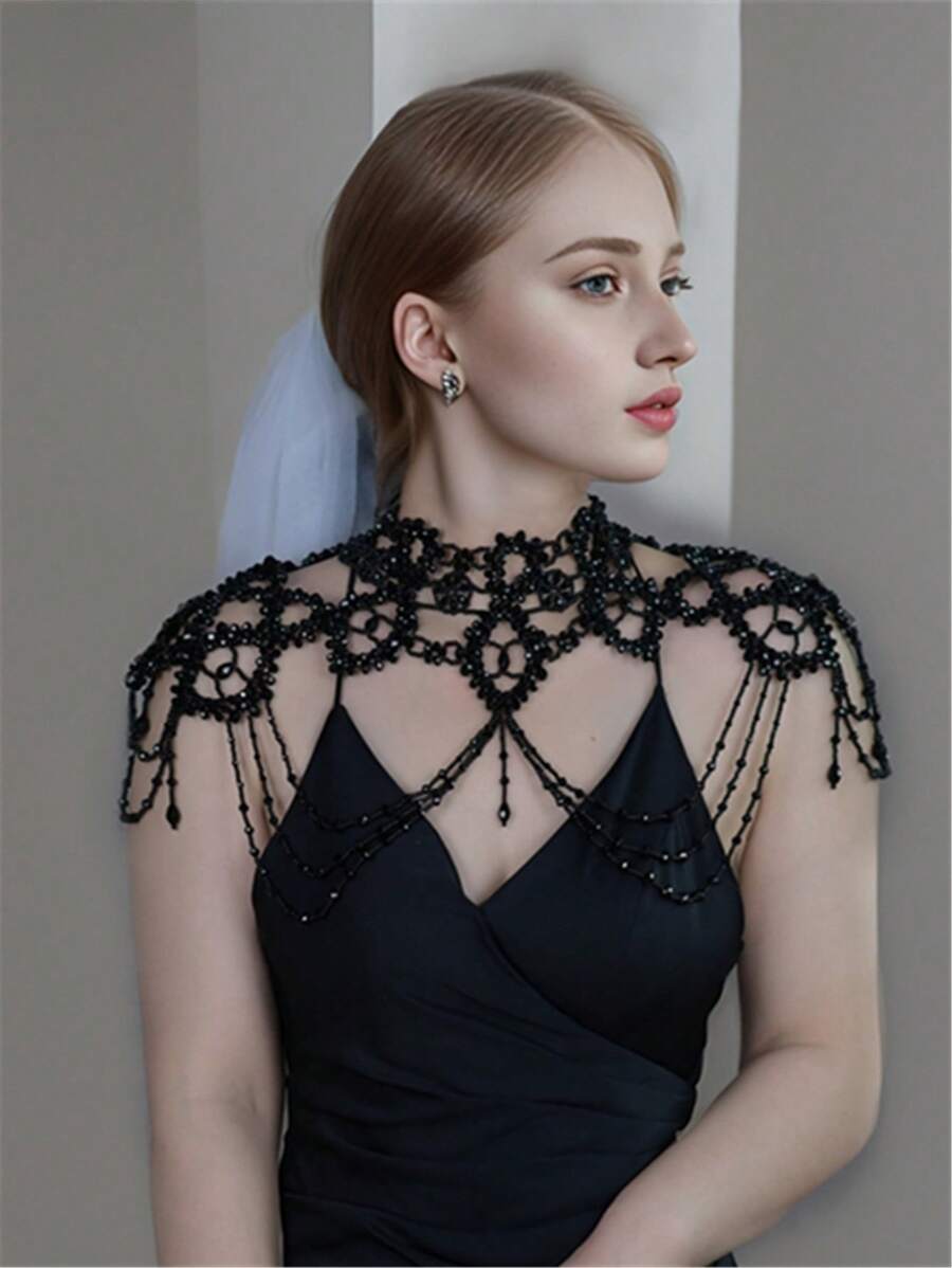 1 Dây chuyền toàn thân nữ đính cườm pha lê đen thủ công, hoàn hảo cho đám cưới, tiệc tùng, trình diễn thời trang và quà tặng, thiết kế sóng hợp thời trang
