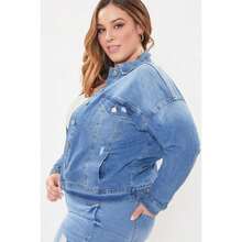 Women's Plus Size Drop Shoulder Boyfriend Denim Jacket - M Medium Blue Rips - View 4