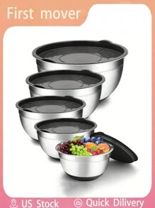 5pcs Stainless Steel Mixing Bowls - Heavy Duty, Dishwasher Safe, Airtight Lids, Outdoor Safe, Perfect For Kitchen Baking, Serving And Storage - Durable, Easy To Clean, Space Saving Design