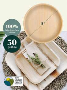 Palm Leaf Plates, 50 Pc, 8", Disposable & Compostable, Plates, Palm Leaf, Natural Color, Round, Dinnerware, Suitable For Parties/Weddings/Gatherings - Natural - View 2