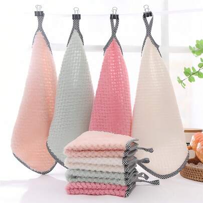 5/10pcs Dish Towels (Random Colors), Hanging Kitchen Cleaning Cloths, Coral Fleece Towels, Absorbent And Thick Dish Cloths, Double-Sided Cleaning Mats, Kitchen Cleaning Supplies