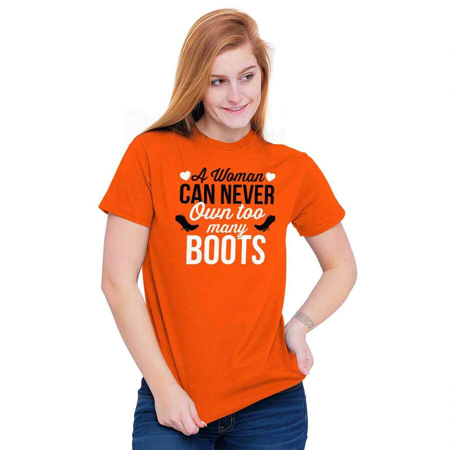 BRISCO BRANDS Country Girl Womens Graphic Tee Shirt Cute Southern Saying Western Quote A Woman Can Never Own Too Many Boots Ladies Casual Fashion Cotton Printed Short Sleeve Crewneck Tshirt - 橘色 - 查看 1