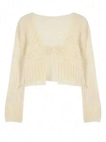 Solid Color Openwork Crochet Knit Lightweight Cardigan Set For Women - Apricot - View 5