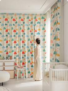 1 片卡通彩色印花云遮光卧室窗帘适用于儿童房，时尚可爱薄纱窗户适用于婴儿房装饰