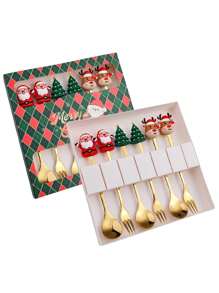 Zestaw świątecznych łyżeczek i widelców do kawy (4/6 szt.), łyżeczki do kawy, łyżki i widelce ze stali nierdzewnej, prezenty świąteczne dla dzieci w pudełku prezentowym do mieszania kawy, herbaty, zupy, cukru, deseru, przypraw, lodów (zestaw prezentowy)