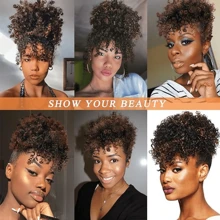 Coleta con tirantes de cabello rizado afro con flequillo para moño de piña para mujeres, moño de coleta rizado rizado corto - Negro - Ver 7