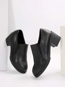 女士纯色粗跟短靴，休闲黑色防滑短靴，舒适女士短靴