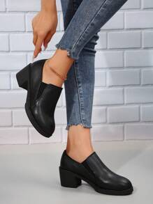 女士纯色粗跟短靴，休闲黑色防滑短靴，舒适女士短靴