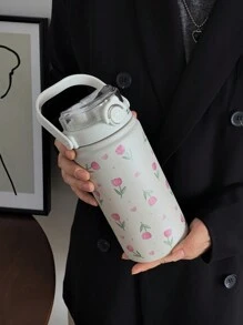 1pc 1000ml Tulip Series Large Capacity Handheld Double-Wall Insulated Tumbler, Keeps Hot/Cold, Water Bottle, Travel Mug, Flat Bottom Cup, Vacuum Flask, Back To School, Holiday Gift, Birthday Present (No Straw) Back To School