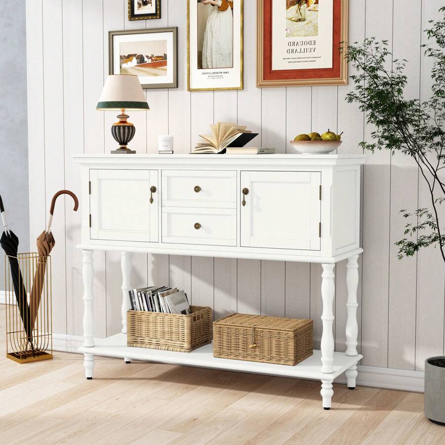 Console Table With 2 Drawers, Retro Entryway Table With 2 Door Cabinets And Open Storage Shelf, Narrow Long Sofa Table, Behind Couch Table For Living Room, Foyer And Hallway - White - View 1