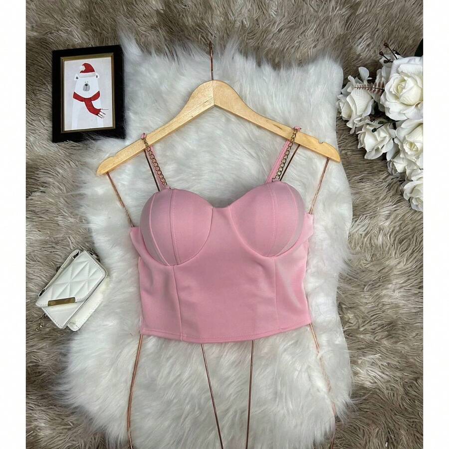Cropped Top Thin Chain Strap Blouse With Mermaid Cup Fashion Blogger Retro Summer Beach Party Neopreme Suplex Strap - Màu Hồng baby - Xem 1