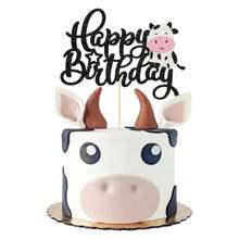 1 件奶牛生日快乐蛋糕装饰闪光农场动物奶牛蛋糕挑选性别揭示主题 1 岁生日派对蛋糕装饰用品，返校情人节 - 彩色 - 查看 14