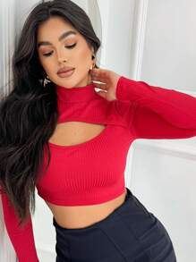 Women's Long Sleeve High Neck Crop Top - Red - View 5