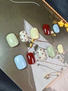 10 szt./zestaw francuskich, retro, ręcznie robionych sztucznych paznokci w kropki, krótkie kwadratowe i okrągłe, szykowne w stylu europejskim i amerykańskim, słodkie, luksusowe, wysokiej jakości, modne tipsy na imprezę, święta, do codziennego noszenia, dociskane paznokcie, artykuły do paznokci, paznokcie