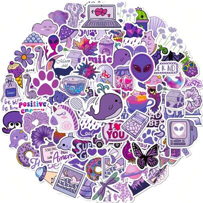 100 张紫色贴纸，散装贴纸适用于装饰水瓶、滑板、笔记本电脑、马克杯、手提箱、青少年成人趣味贴纸