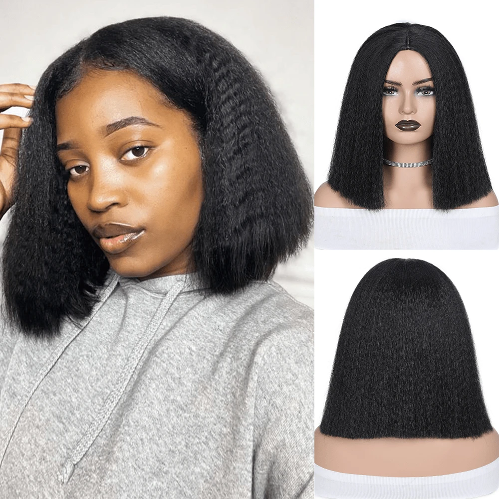 12 英寸 Yaki 直发波波头假发 齐肩卷曲直发合成波波头假发 适合女性 自然短波波头假发 中分假发 日常派对用