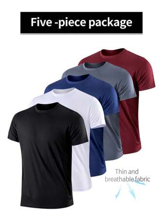 5pcs/Pack Men's Super Thin Short Sleeve Athletic Top, Lightweight Crew Neck T-Shirt For Sports, Running, Gym Workout